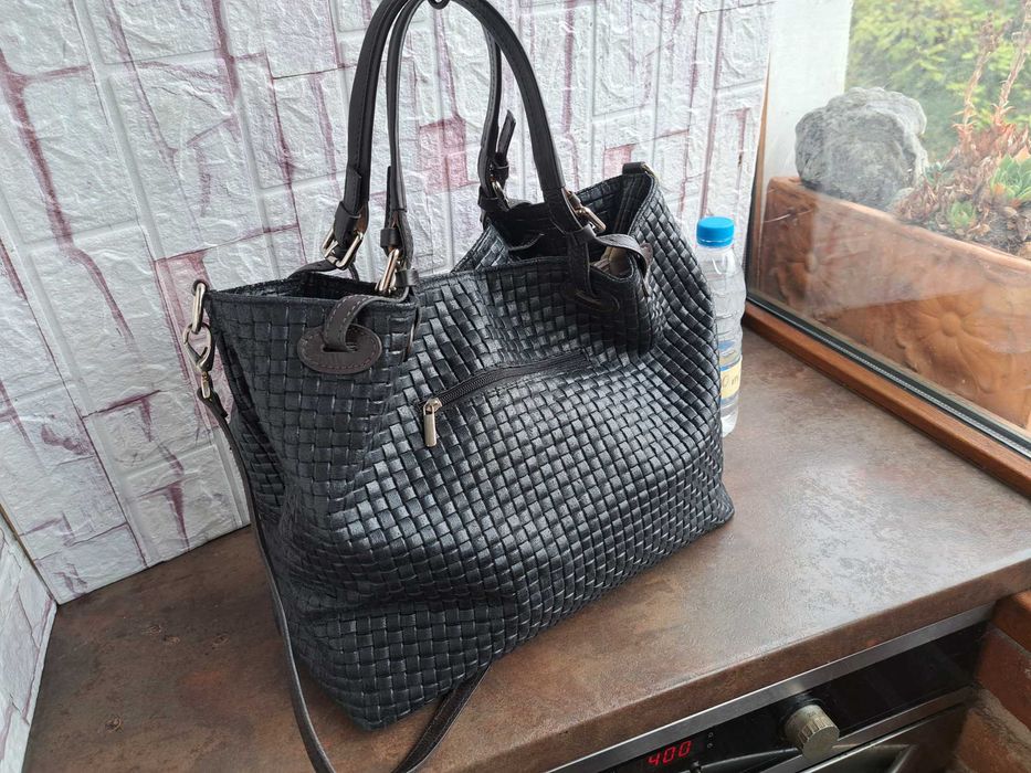 дамска чанта,Chiara Canotti,черна кожена торба-естествена кожа