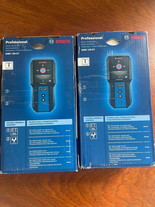 Detector de metale Bosch GMS 120-27, merge cu 2 baterii alcaline, 1.5 V LR6 (AA), 100 mm, geanta textila