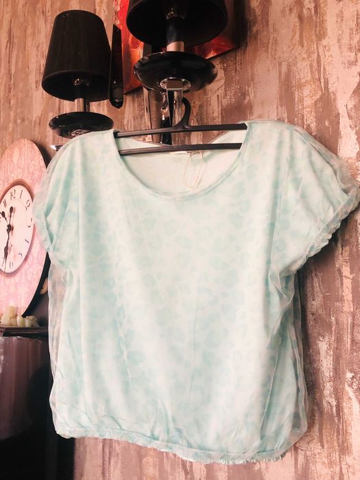 Tricou cu tul print leopard verde_NOU_Reserved, fete 10-11 ani