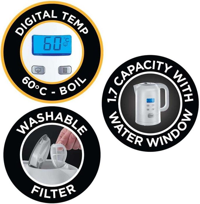 Ел. кана Russell Hobbs Precision Control 2200W, 1.7л LCD дисплей, Бяла