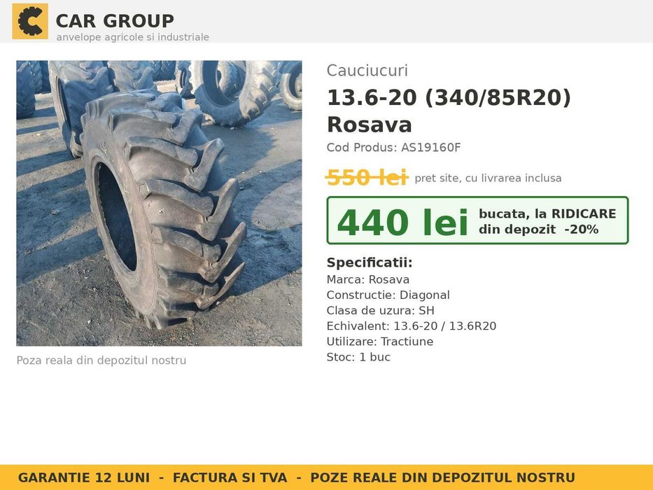 ANVELOPE 13.6-20 13.6R20 340/85R20 Rosava Cauciucuri Tractor Spate Fata 4x4 U445 U650 Zetor Fiat MTZ Prasit SH GARANTIE Factura TVA Livrare