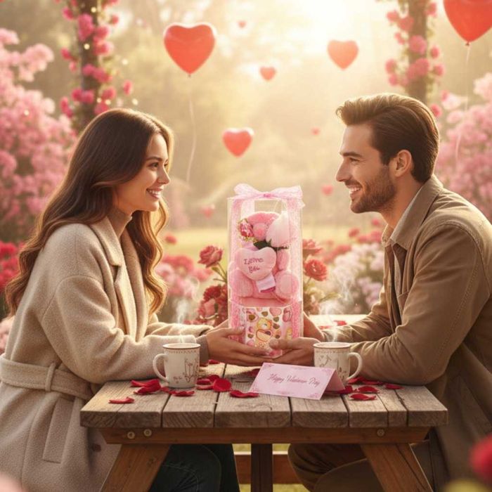 Подаръчен комплект с плюшено мече и надпис „Love you“,прозрачна кутия.