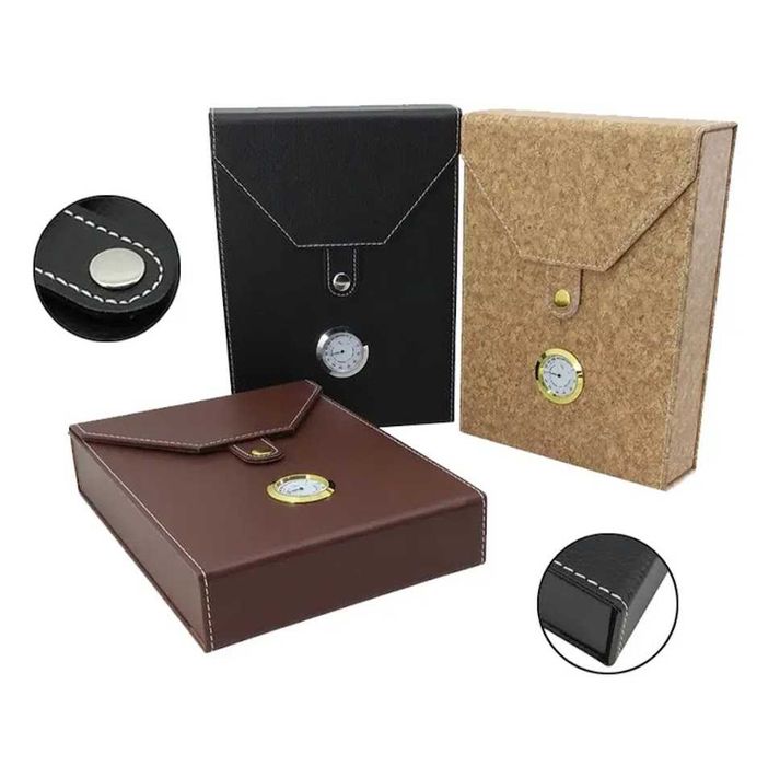 Естесвена кожа преносим хумидор със хидрометър и овлажнител