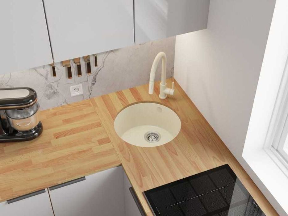 Бежова кръгла кухненска мивка за вграждане под плот Валета 50 460x460