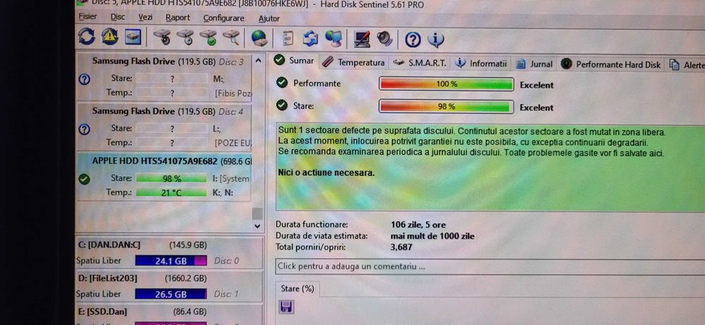 HITACHI 750Gb HDD Sata fuctional stare 98 Performanta 100  de 5400Rpm