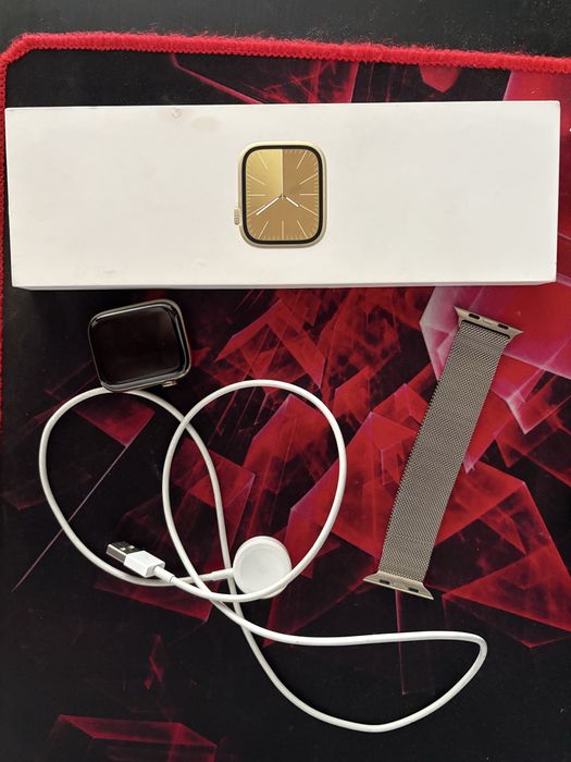 Apple Watch Series 9, 45mm, Stainless Steel Gold + brățară Gold Milanese