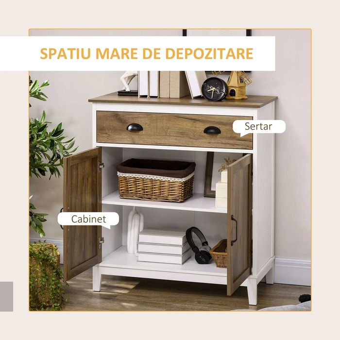 Dulap cu sertar , stil Rustic , Alb si Lemn , HOMCOM