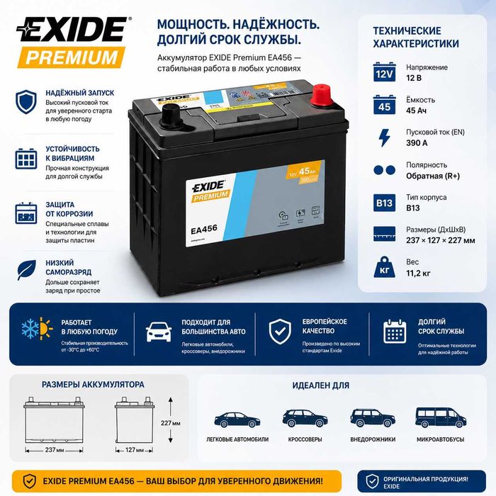 Аккумулятор Exide EA456 45ah