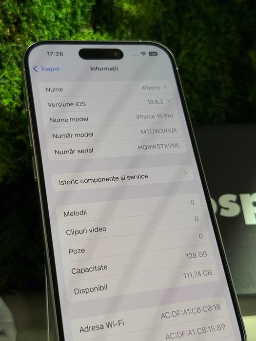 iPhone 15 Pro White Titanium Alb 128GB, 100% Baterie #7019