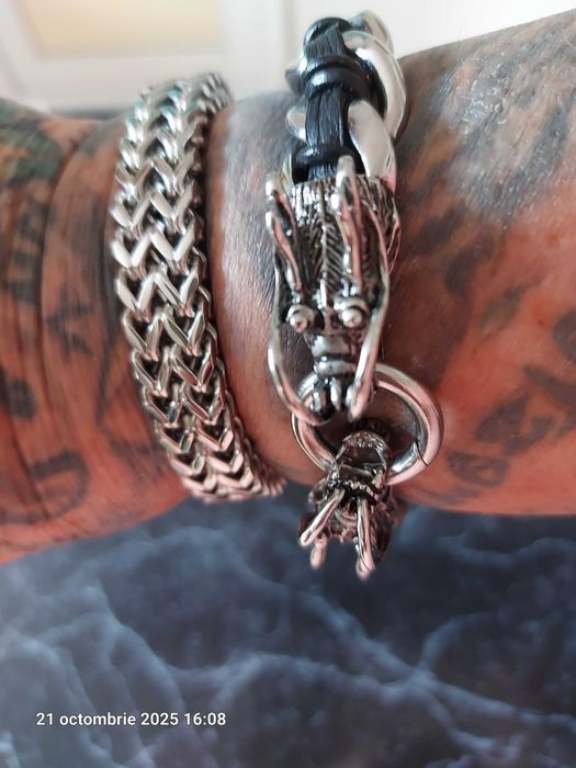 Bratara dama inox si pt barbat inox cu piele si capuri dragon