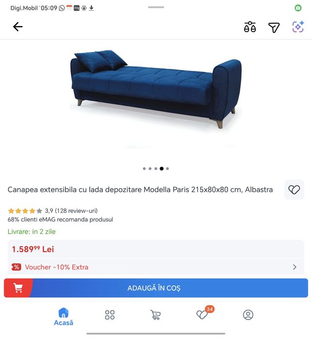 Canapea extensibila cu lada depozitare Modella Paris 215x80x80 cm