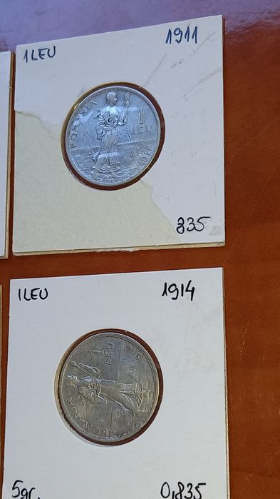 Vand 4 monede argint de 1 leu ani 1910, 1911, 1912 și 1914, infoliate,stare f buna