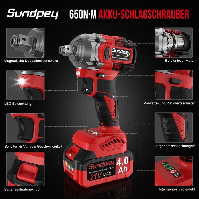 Cheie cu Impact Fără Fir 21V 650Nm cu 2 Baterii și Accesorii