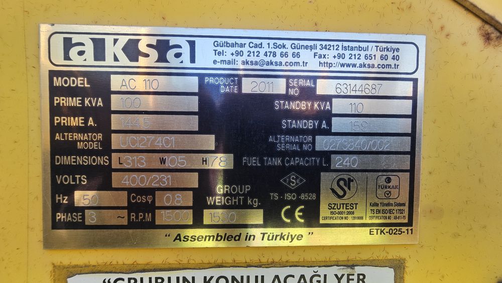 Продам генератор AKSA 110 kva