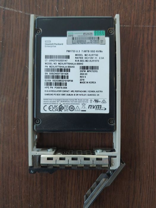 PM1733 7.68TB NVMe SSD U.3 PCIe 4.0 Server HPE Samsung MZ-XLR7T60 MZ-XLR7T6HALA-000H3 MPK7825Q P26915-001 P26543-B21 8TB PM1733a 100% Health