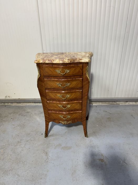 Comodina din lemn cu 5 sertare, blat marmura si ornamente bronz