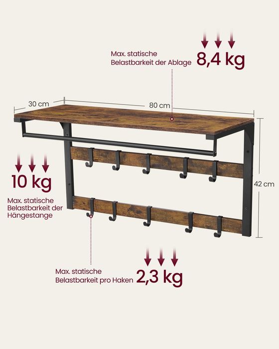 Стенна закачалка с 10 подвижни куки, релса за дрехи VASAGLE