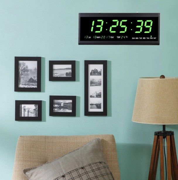 Стенен часовник Зелен светодиоден цифров дисплей,термометър, календар