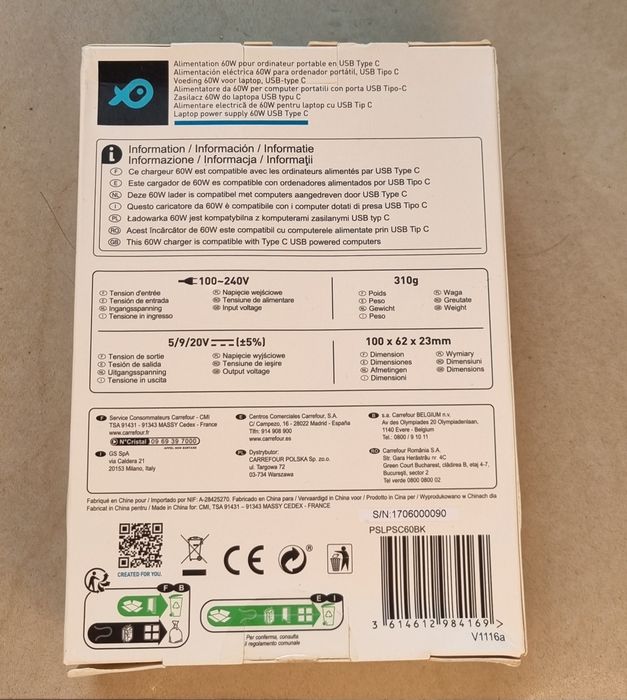 Încărcător laptop USB-C POSS LPSC60 – 60W, nou, sigilat