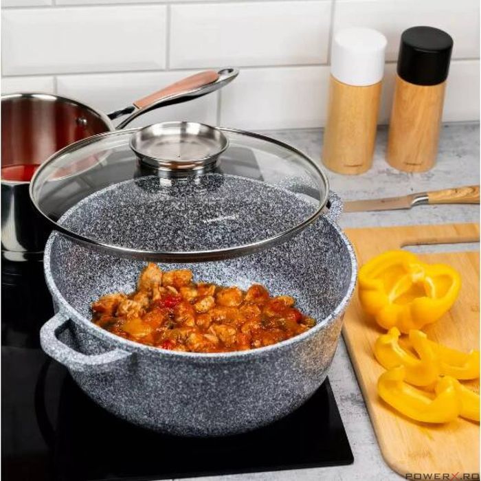 Oala cu capac, din aluminiu acoperita cu marmura, 5.6litri, 26cm, gri,