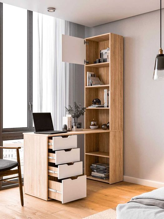 Компьютерный стол со стеллажом 138×50×202 см Белый Дуб Сонома