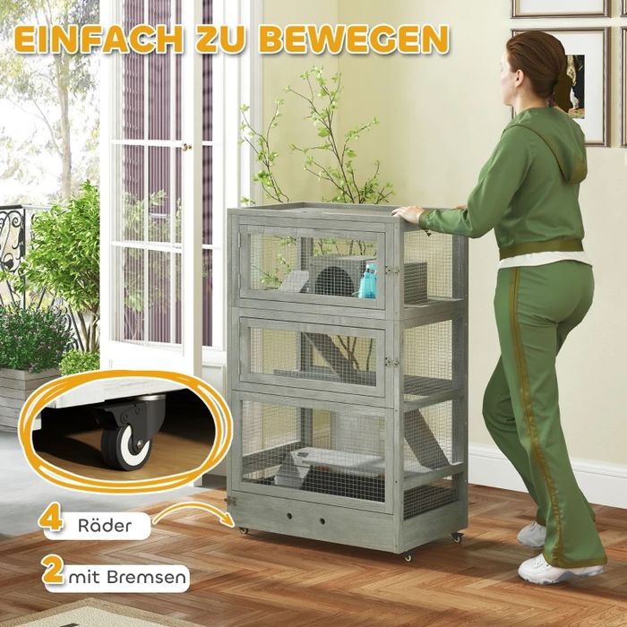 Дървена клетка за гризачи на 4 нива с къщички, люлка