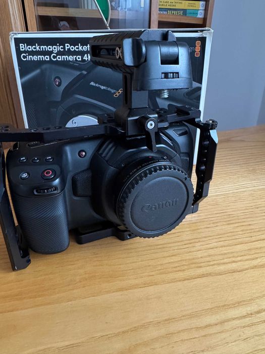 Blackmagic Pocket Cinema Camera 4K + obiectiv Canon 85mm 1.8 + Viltrox MFT + cage