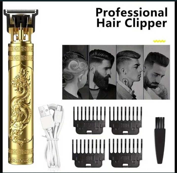 Set Profesional de Tuns Păr și Barbă, Design Auriu și Negru, Baterie Reîncărcabilă Litiu, Kit Electric de Tuns Păr cu Încărcare USB și 4 Piepteni