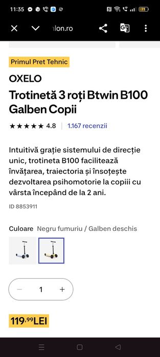 Trotinetă copii,Oxelo,3 roți Btwin B100 între 2