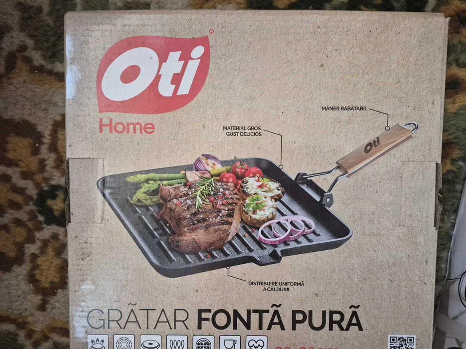 Grătar din fontă pură Oti Home – tigaie grill dublă cu mâner rabatabil