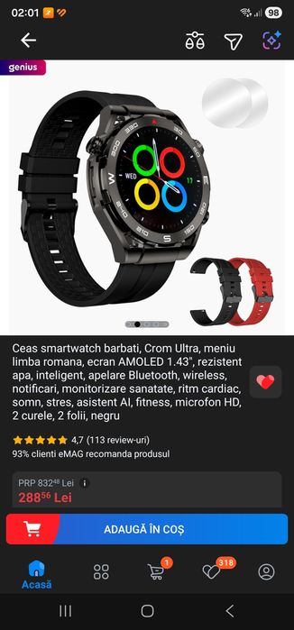 Ceas smartwatch barbati, Crom Ultra, meniu limba romana, ecran AMOLED