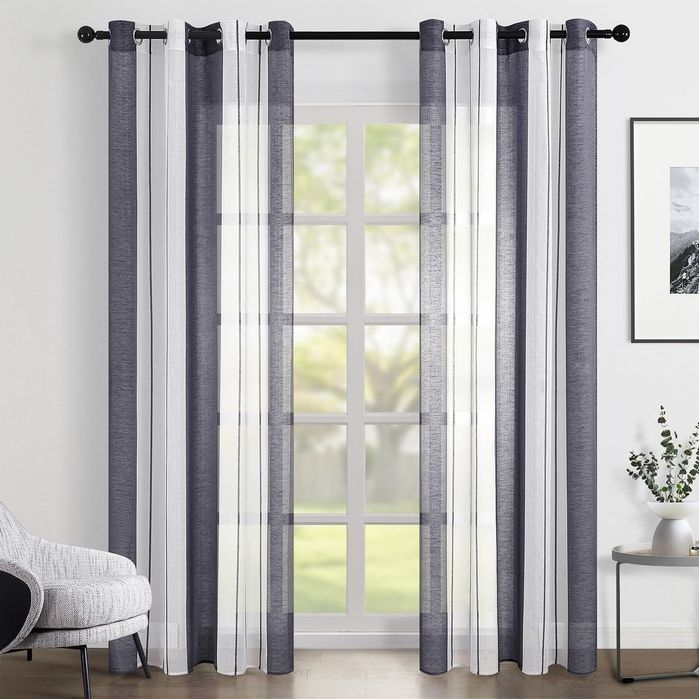 Perdele Topfinel Alb Gri cu Dungi 140x240 cm Set 2 Bucăți Semi-Transparente