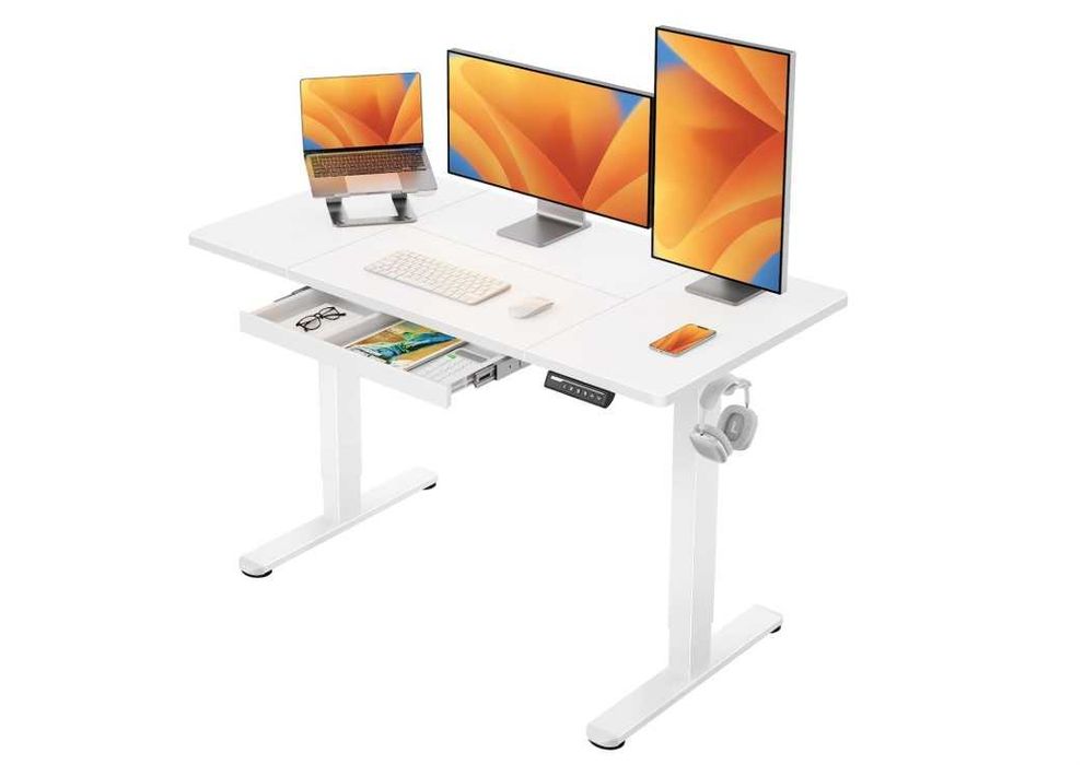 Birou electric reglabil 120x60 cm cu sertar – standing desk, memorie, alb - LIVRARE GRATUITA !!!