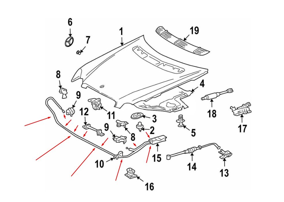 Жило За Отваряне На Преден Капак Mercedes, C W203, Clk C209, Clc Cl203