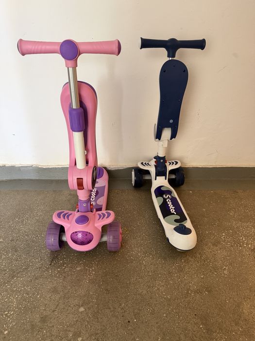 Trotineta copii 2 in 1 Scooter, pliabila, cu sunete si 3 roti cu lumini, roz