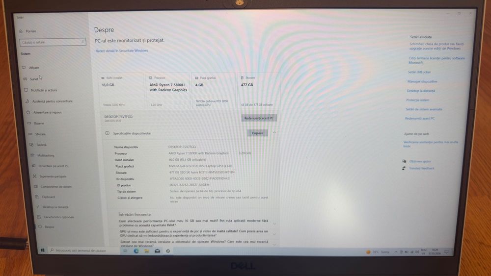 Laptop Gaming DELL G15, Ryzen 7,SSD 512 GB  ,RTX 3050 4GB