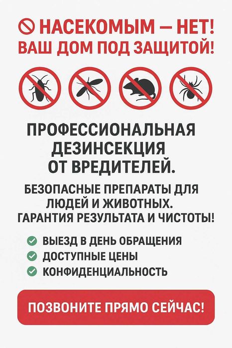 Дезинфекция СКИДКА 20% Уничтожение крыс мышей Блох Клопов тараканов ос