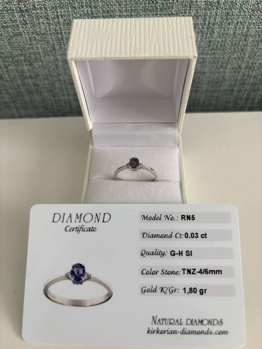 Пръстен бяло злато с диамант и танзанит
