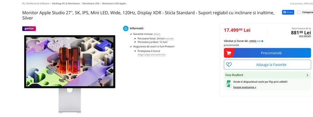 Monitor Apple Studio Display XDR 27'' 5K RetinaWebCam 12MP Standard Glass Tilt and Height Adjustable