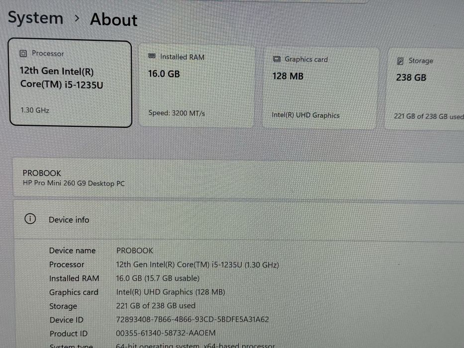 Mini PC USFF HP Pro Mini 260 G9 i5-1235U intel gen 12 16GB