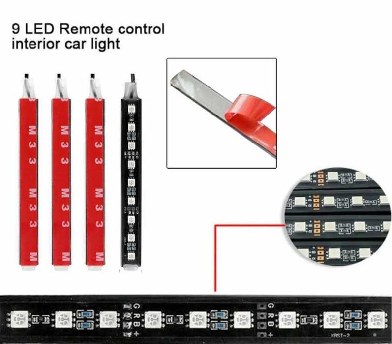RGB светодиодни ленти с 9 LED за интериорно осветление в автомобил.