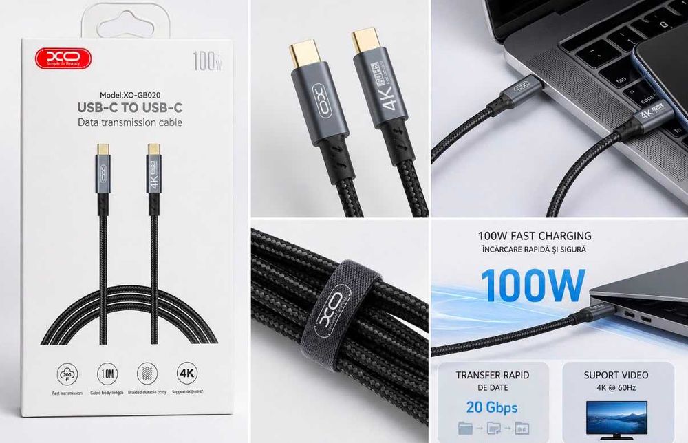 Cablu USB-C la USB-C , 100W, 1m – Încărcare Rapidă și Transfer de Date 4K