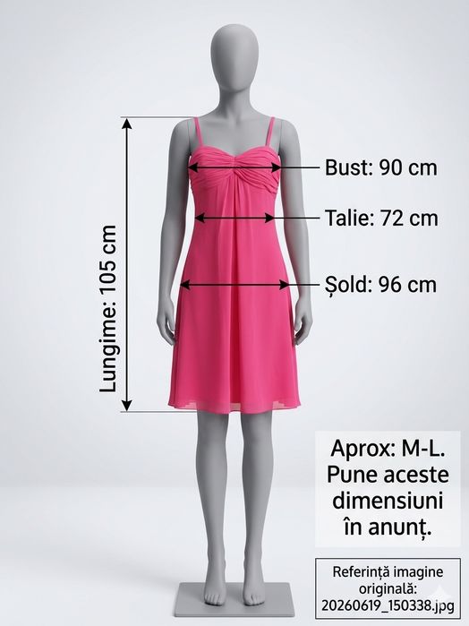 Rochie mrochie  paiete roz – Mărime S-M
​Mărime: M (40)
​Dimensiuni: Bust 88 cm, Talie 72 cm, Șolduri 94 cm
​Lungime totală: 85 cm
​Stare: Nouă/Impeca