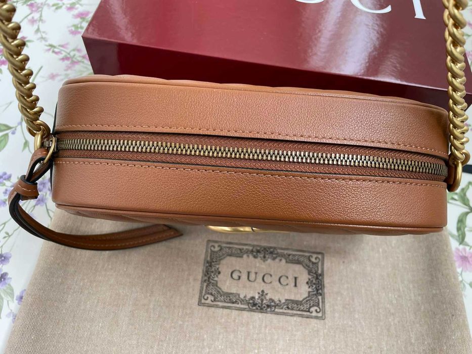 Оригинална Gucci Чанта Marmont Кафява Шеврон кожa Гучи Златно GG Лого и Аксесоари