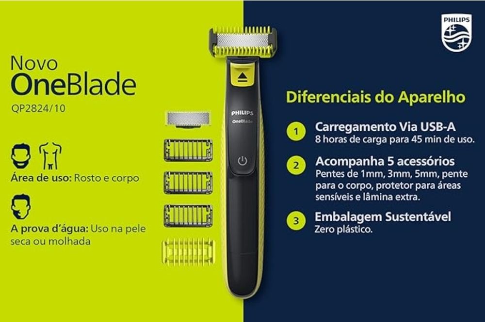 Philips Триммер для бороды и усов Триммер Philips OneBlade QP2824/10,