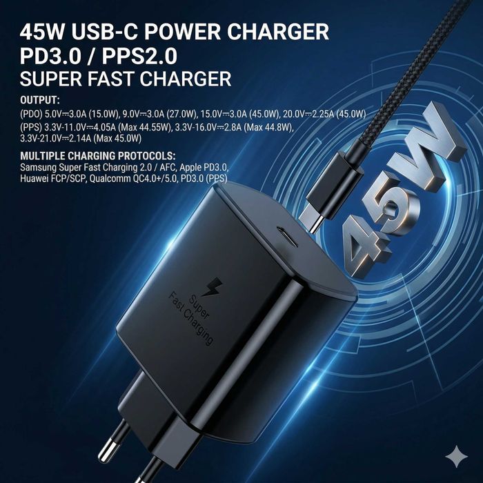 Incarcator de retea 45W Wyred by Monga - Power 45C SFC, Super Fast Charging, PD/PPS, USB-C, Negru