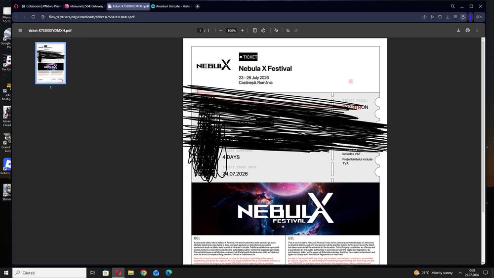 Vand 1 bilet la festivalul NebulaX de la Nibiru Costinesti Romania