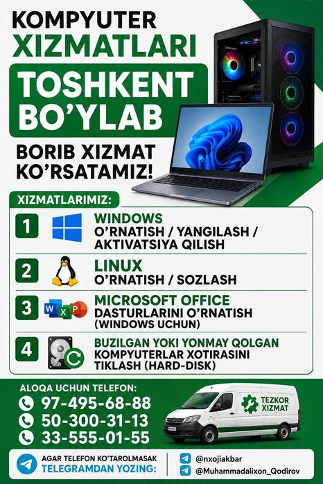 Windows o'rnatish/Offis dasturlari/Linux o'rnatish/Xotira tiklash