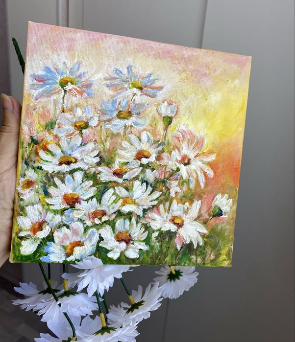 Ромашки на рассвете. Картина написана маслом размер 20*20 см холст на