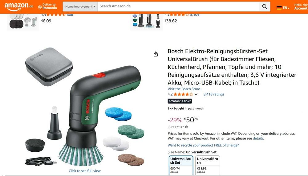 Perie electrica Bosch UniversalBrush 3,6 V; cablu micro USB; în husă